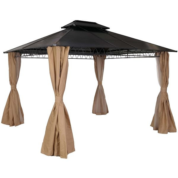 Mendler Hardtop Pergola HWC-M81, Pavillon, Aluminium Dachstreben 7cm-Stahlgestell mit Seitenwand und Moskitonetz 3,6x3m, creme, 105495+105496