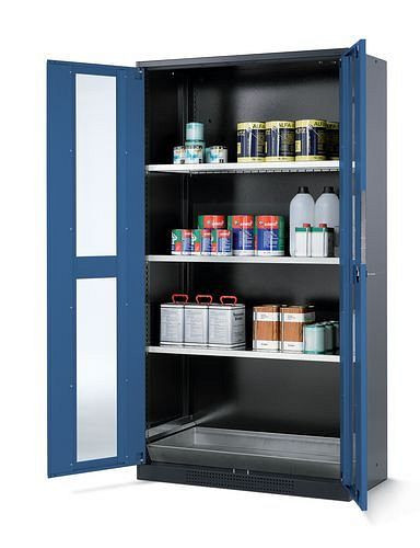 asecos Chemikalienschrank Systema CS-103G, Korpus anthrazit, blau, 3 Einlegeböden und Bodenwanne, 202681