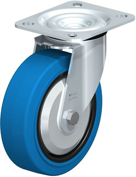 Blickle L-POEV 125KD-SB-FA Stahlblech-Lenkrolle, mittelschwere Ausführung, mit Anschraubplatte, Elastik-Vollgummi, Blau, 850579