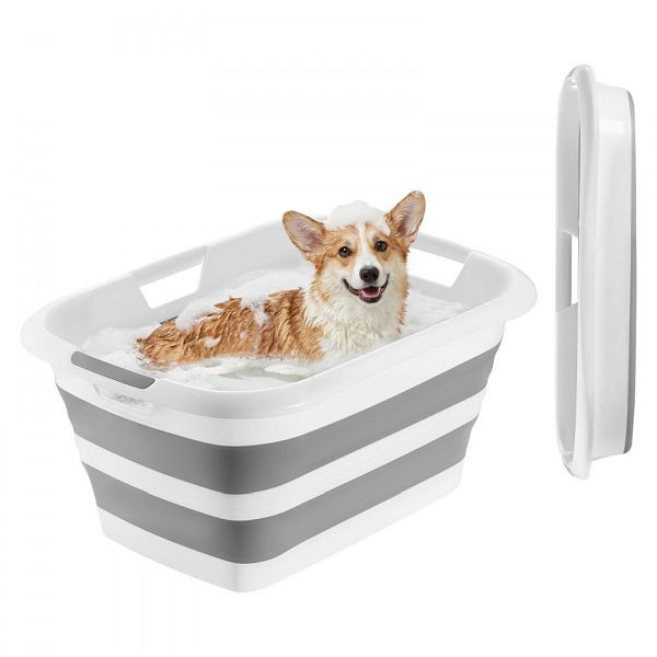 VEVOR Faltbare Hundebadewanne 34L, Tragbar aus PP & TPR, für Kleine Hunde Katzen bis 9kg, Grau & Weiß, LDRQCWYGHBTWW0S6F001V0