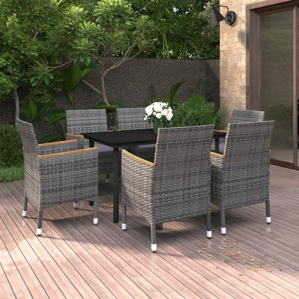 vidaXL 7-teilig Garten-Essgruppe mit Auflagen Poly Rattan und Glas, 3099778