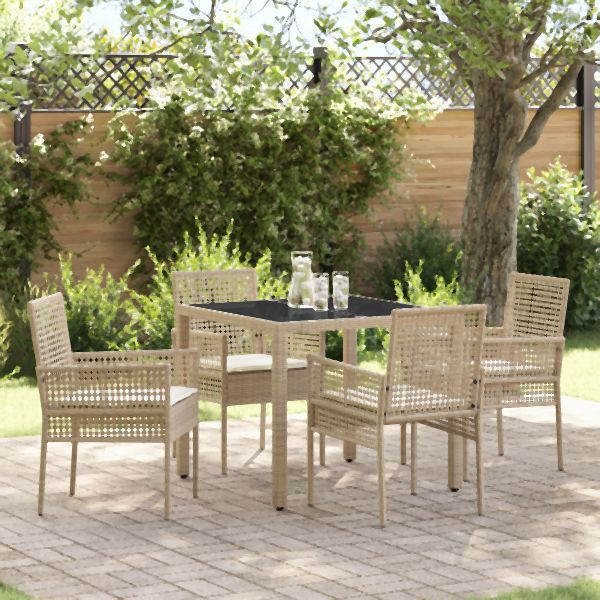 vidaXL 5-teilige Garten-Speisegruppe mit Kissen Beige Poly Rattan, 3334888