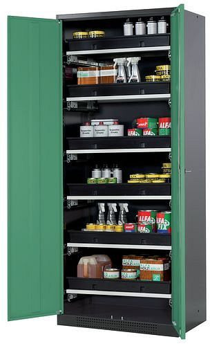 asecos Chemikalienschrank Systema-T CS-86, Korpus anthrazit, Flügeltüren grün, 6 Tablarauszüge, 209081
