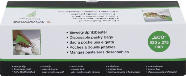 Schneider EW-Spritzbeutel, ECO, geschlossene Spitze, 530 x 275 mm, 70 µ, gerollt, Farbe grün, VE: 100 Stück/Box, 391820