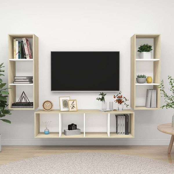vidaXL 3-teilig TV-Schrank-Set Weiß Sonoma-Eiche Holzwerkstoff, 3079750
