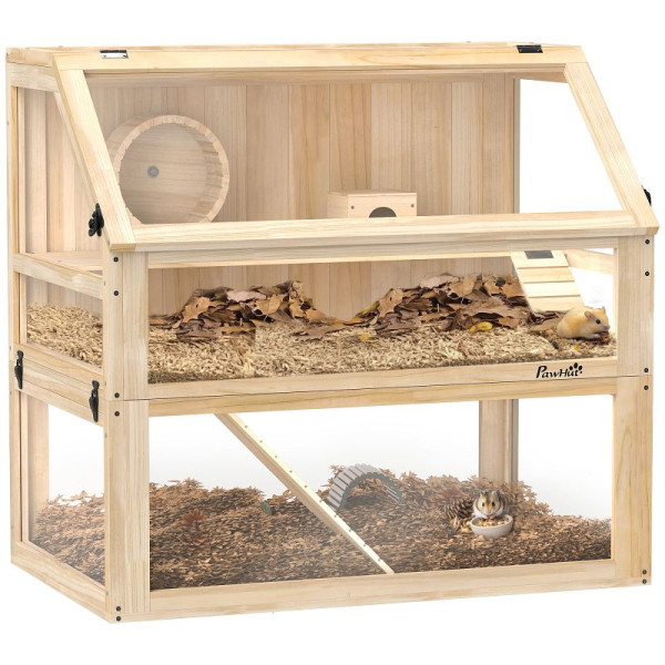 PawHut Hamsterkäfig aus Holz 3 Etagen Nagarium Nagerkäfig mit klappbarem Deckel Laufrad 80 x 50 x 76 cm Naturholz, D51-469V91ND