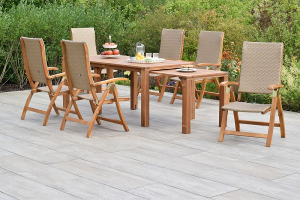Merxx Capri Set 7-teilig, 6 Capri Klappsessel, 1 Flex Ausziehtisch 185/362,5 x 90/73,5 x 76/ 70 cm, Akazienholz, Natur, 50903-264