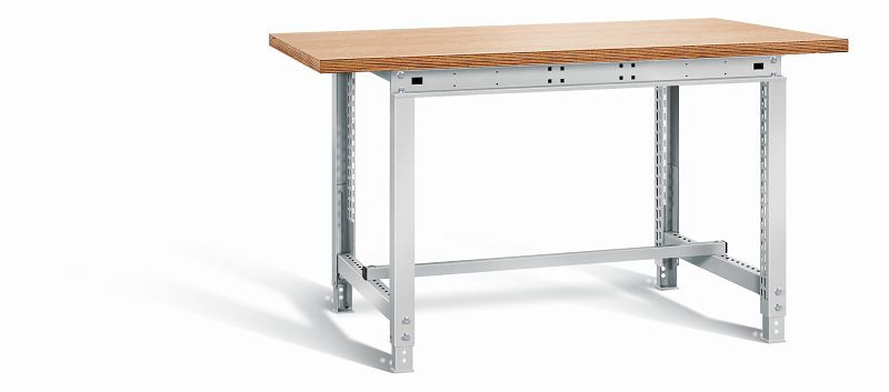 Otto Kind Werktisch allrounder, höhenverstellbar von 715-955 mm, Multiplexplatte 25 mm, überstehend, 2 Fußgestelle, komplett RAL 7035, 072313017
