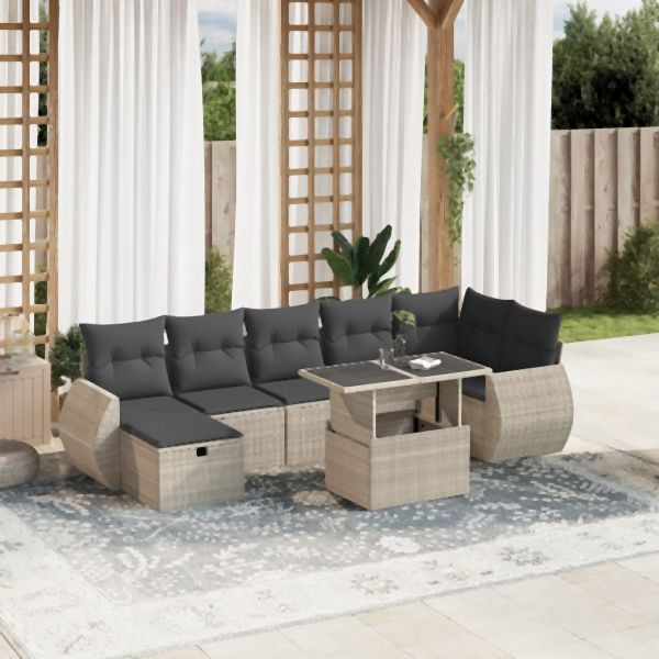 vidaXL 8-tlg. Garten-Sofagarnitur mit Kissen Hellgrau Poly Rattan, 3275152