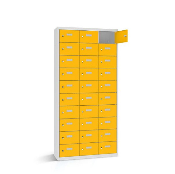 Rotstahl Wertfachschrank, 30 Fächer, Tür einwandig, kurzer Sockel, Korpus: lichtgrau, Türen: verkehrsgelb, 2161-031003-1181112-7035-1023