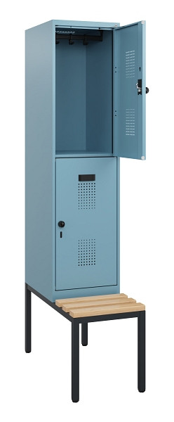 C+P Doppelstöckiger Spind Evolo PLUS, Bank, 2 Fächer, 1950x400x815mm, 0010/0010, Drehriegel, Sitzfläche Buche-Hartholz, Sitzbank, 0493505-12 S10025