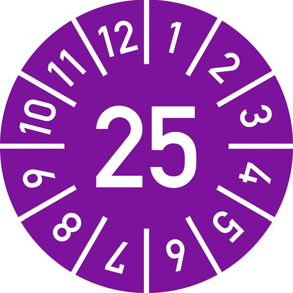 Moedel Prüfplakette Jahr 25 mit Monaten, violett, Folie, Ø 10 mm, VE: 10 Stück/Bogen, 103946