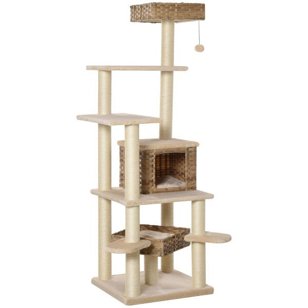 PawHut Rattan Kratzbaum mit Katzenhöhle Hängematte Mehrstufiger Katzenbaum Kletterbaum für Katzen E1 MDF Sisal Beige+Braun 55 x 55 x 174 cm, D30-377