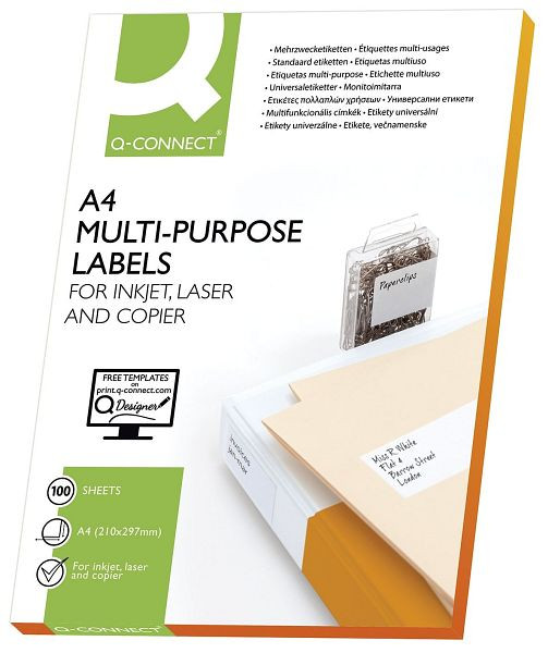 Q-Connect Inkjet+Laser+Kopier-Etiketten - 210,0x297,0 mm, weiß, 100 Stück/100, KF10664