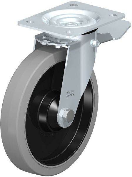 Blickle LE-POEV 201K-ST-SG Stahlblech-Lenkrolle mit Anschraubplatte & Feststeller, Elastik-Vollgummi, Grau, 850262