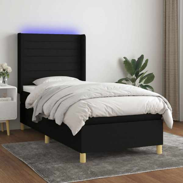 vidaXL Boxspringbett mit Matratze & LED Schwarz 90x200 cm Stoff, 3138927