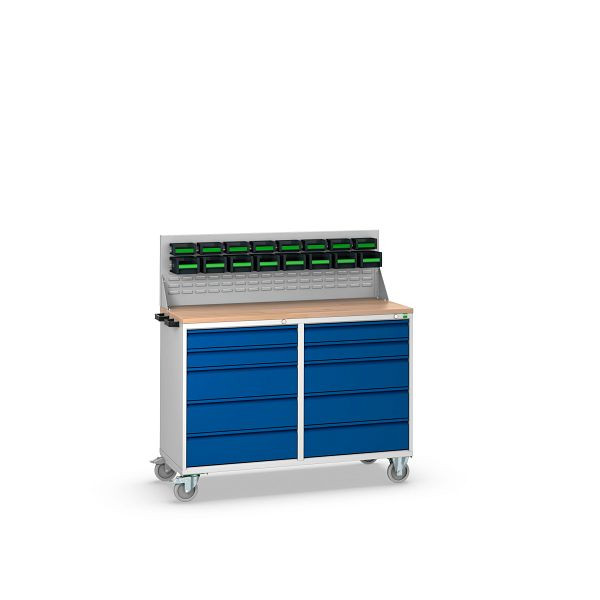 bott verso Aufsatzrahmen mit perfo Schlitzplatte und 16 bottBoxen BxTxH: 1300 x 215 x 400 mm, RAL 7035 / Kunststoff in RAL7016, 41022034.16