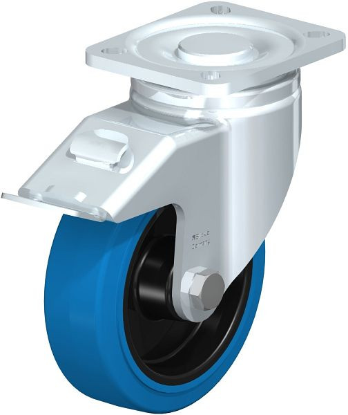 Blickle LH-POEV 125XR-1-FI-SB Stahlblech-Lenkrolle, Schwerlast-Ausführung, mit Anschraubplatte & Feststeller, Elastik-Vollgummi, Blau, 851774