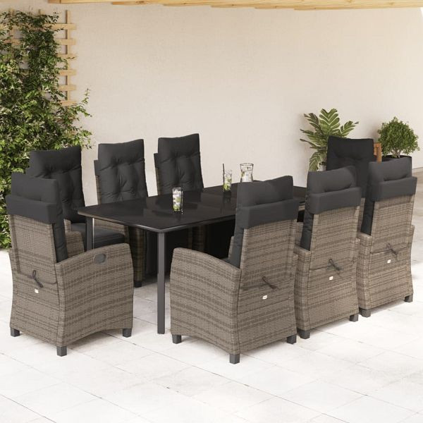 vidaXL 9-teilig Garten-Essgruppe mit Kissen Grau Poly Rattan, 3213001