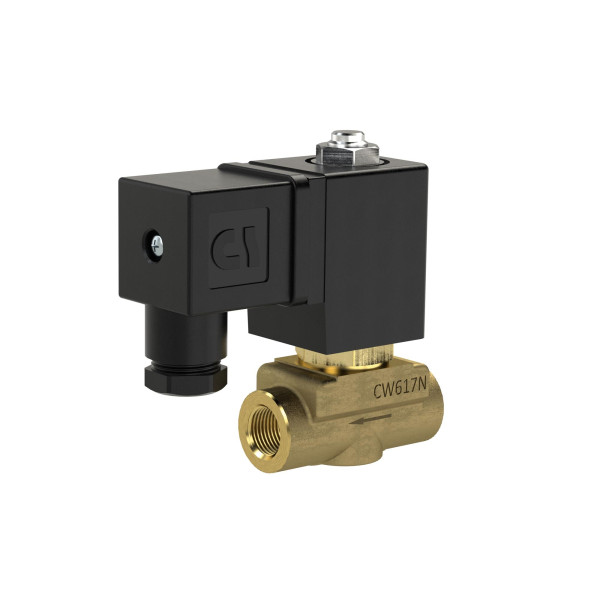 Riegler 2/2-Wege-Magnetventil, stromlos geschlossen, Messing, G 1/4, DN 3,0, PN 0-16, NBR, direktgesteuert 12V DC, 129675