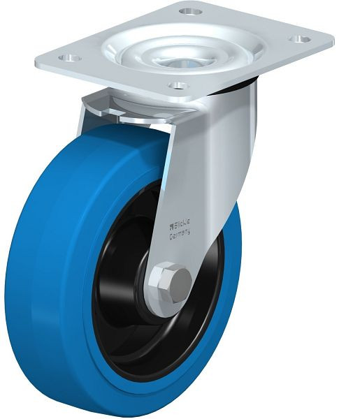 Blickle LE-POEV 160R-SB Stahlblech-Lenkrolle mit Anschraubplatte, Elastik-Vollgummi, Blau, 611467