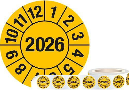 DENIOS Prüfplakette "2026", gelb, Folie, selbstklebend, 30 mm, VE: 1 Rolle à 1000 Stück, 290143
