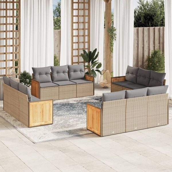 vidaXL 12-teilig Garten-Sofagarnitur mit Kissen Beige Poly Rattan, 3259917