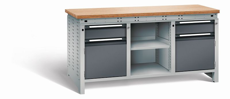 Otto Kind Werkbank Serie function Typ 308, Multiplexplatte 40 mm, bündig, 2x Unterbau + mittleres Feld, Gehäuse RAL 9006, Front RAL 7016, 07236314S