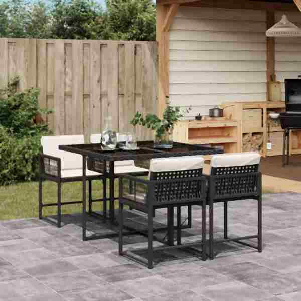 vidaXL 5-tlg. Garten-Essgruppe mit Kissen Schwarz Poly Rattan, UV-beständig, 3211434