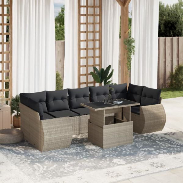 vidaXL 8-tlg. Garten-Sofagarnitur mit Kissen Hellgrau Poly Rattan, 3268412