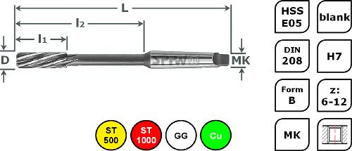 SPPW Maschinenreibahle HSS-E05 DIN208 B L: 268x168x68 Ø24 H7, 1131902400