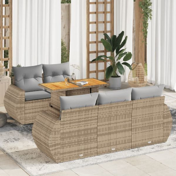 vidaXL 6-tlg. Garten-Sofagarnitur mit Kissen Beige Poly Rattan, 3327216