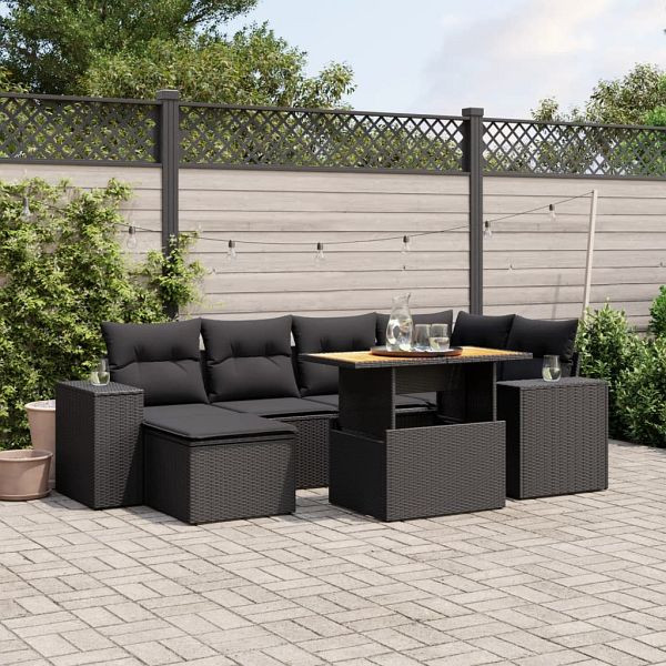 vidaXL 7-tlg. Garten-Sofagarnitur mit Kissen Schwarz Poly Rattan, 3272735