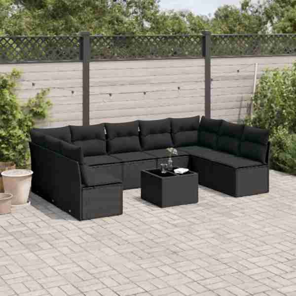 vidaXL 10-tlg. Garten-Sofagarnitur mit Kissen Schwarz Poly Rattan, UV-beständig, 3218075