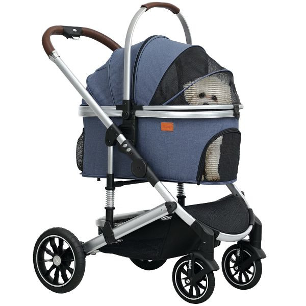 PawHut Hundewagen 3 in 1 Hundebuggy klappbar für Katzen bis 10 kg Katzenbuggy mit Kissen Becherhalter Dunkelblau, D00-209V00DB