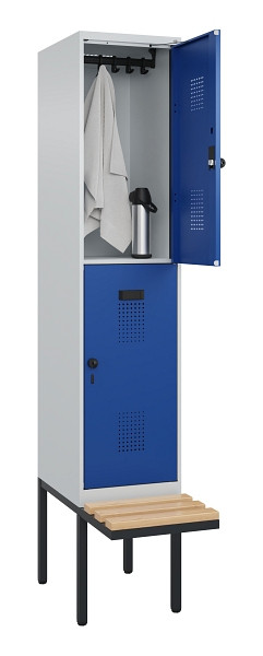 C+P Doppelstock-Spind Evolo PLUS, Bank, 2 Fächer, 2120x400x815mm, 7035/5010, Drehriegel, Sitzfläche Buche-Hartholz, 0493407-12 S10006