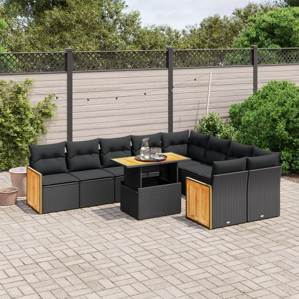 vidaXL 10-teilig Garten-Sofagarnitur mit Kissen Schwarz Poly Rattan, 3274114