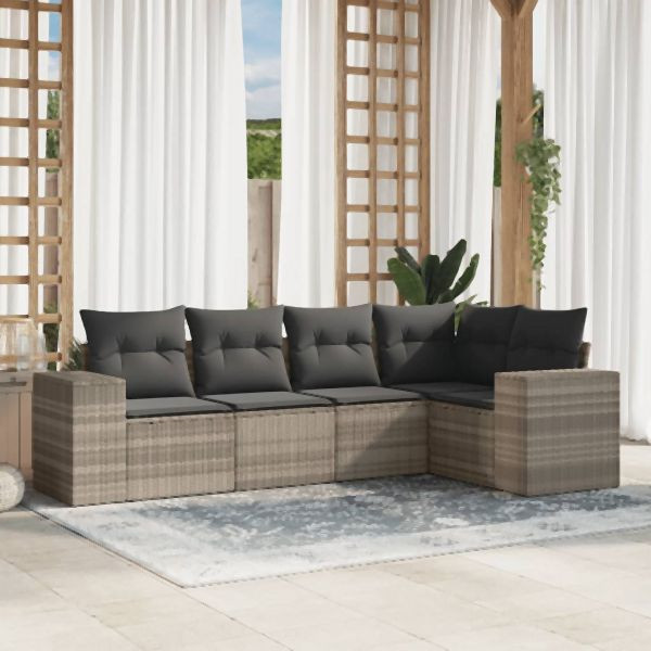 vidaXL 5-tlg. Garten-Sofagarnitur mit Kissen Hellgrau Poly Rattan, 3222531