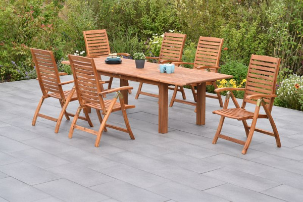 Merxx Paraiba Set 7-teilig, 6 Paraiba Klappsessel, 1 Doppelausziehtisch, 180 (220/260) x 100 cm, FSC Akazienholz, 50112-011