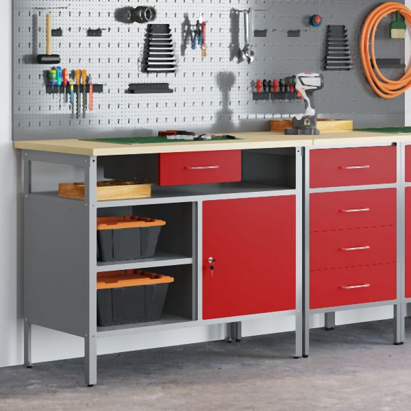 vidaXL Werkbank mit abschließbarer Tür Rot 100x55x85 cm Stahl, 4103459