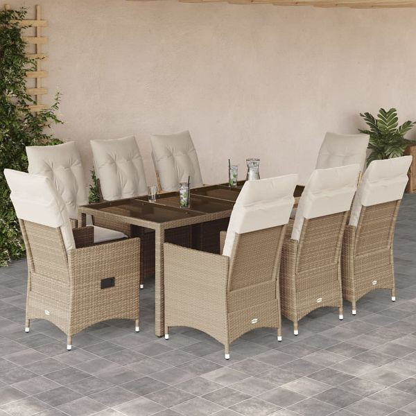 vidaXL 9-teilig Garten-Essgruppe mit Kissen Beige Poly Rattan, 3276806