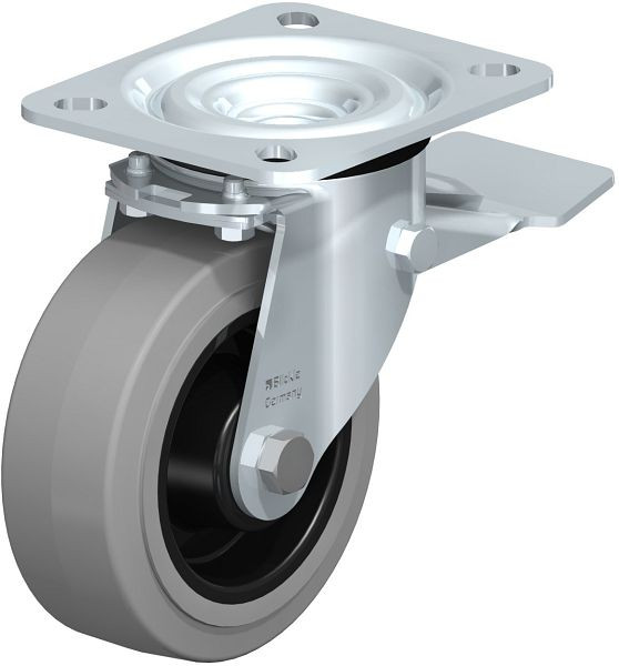 Blickle L-POEV 100R-ST-SG Stahlblech-Lenkrolle, mittelschwere Ausführung, mit Anschraubplatte & Feststeller, Elastik-Vollgummi, Grau, 9100