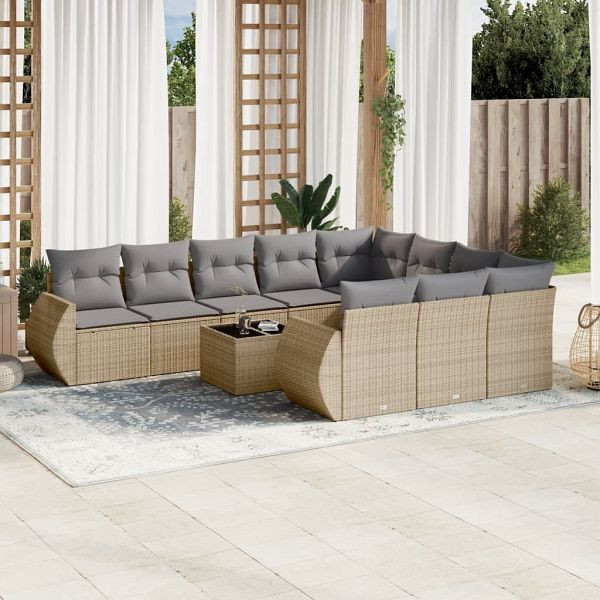 vidaXL 11-tlg. Garten-Sofagarnitur mit Kissen Beige Poly Rattan, 3221898