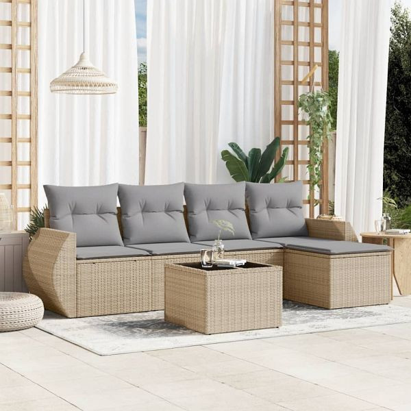 vidaXL 6-teilig Garten-Sofagarnitur mit Kissen Beige Poly Rattan, 3221298