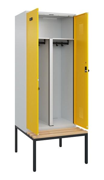 C+P PSA Doppel-Spind Evolo PLUS, Bank, 2 Abteile, 2120x800x815mm, 7035/1023, Drehriegel, Sitzfläche Buche-Hartholz, Sitzbank, 0490527-22P S10001
