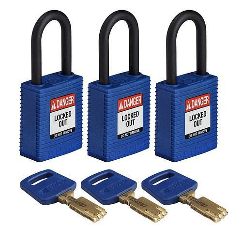 Brady Vorhängeschlösser SafeKey, Kunststoffbügel, VE: 3 Stück, lichte Bügelhöhe 38,10 mm, blau, 311888