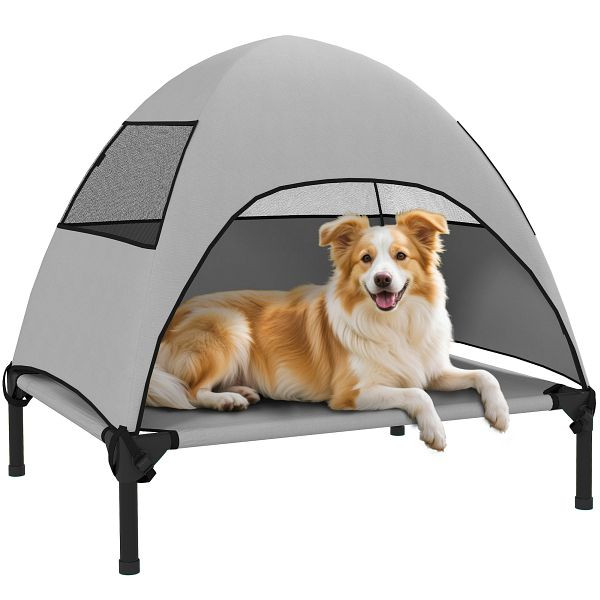 PawHut Hundeliege Outdoor mit Dach, Erhöhtes Hundebett für Mittelgroße Hunde, 76 x 61 x 71cm, Hellgrau, D04-303V00LG
