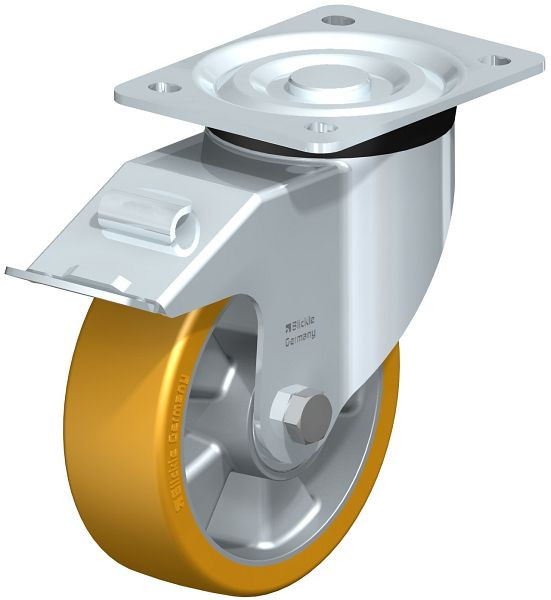 Blickle L-ALTH 150K-FI Stahlblech-Lenkrolle, mittelschwere Ausführung, mit Anschraubplatte & Feststeller, Blickle Extrathane®, Hellbraun, 292953