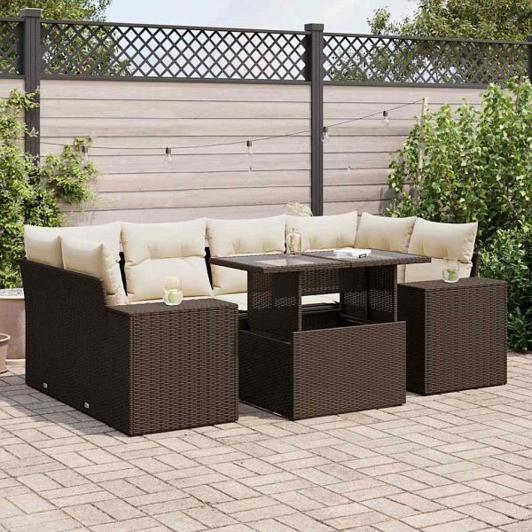 vidaXL 7-tlg. Garten-Sofagarnitur mit Kissen Braun Poly Rattan, 3326754