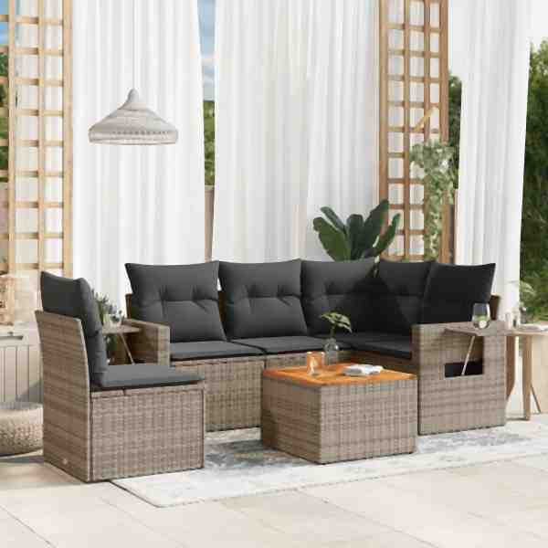 vidaXL 6-tlg. Garten-Sofagarnitur mit Kissen Grau Poly Rattan, UV-beständig, 3256900